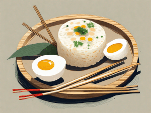 A vietnamese rice cake cut open to reveal a soft egg yolk inside
