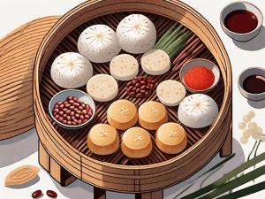 A variety of chinese rice cakes beautifully arranged on a traditional bamboo steamer