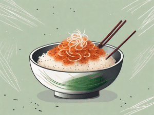 A steaming bowl of kimchi rice cake garnished with sesame seeds and green onions