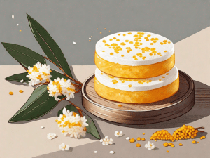 An osmanthus rice cake garnished with osmanthus flowers on a rustic wooden table