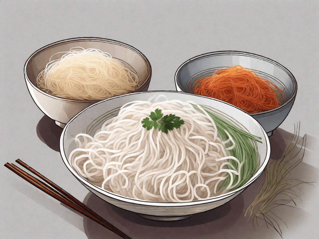 A bowl of rice noodles and a bowl of glass noodles side by side