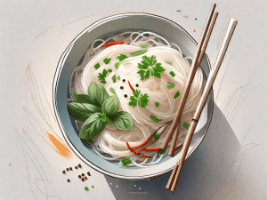 A bowl filled with long rice noodles