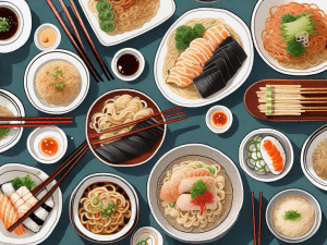 A variety of asian noodles and rice dishes