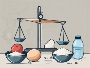 An egg and a bowl of rice noodles placed on a balanced scale