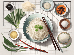 A crossword puzzle with various asian ingredients and utensils scattered around