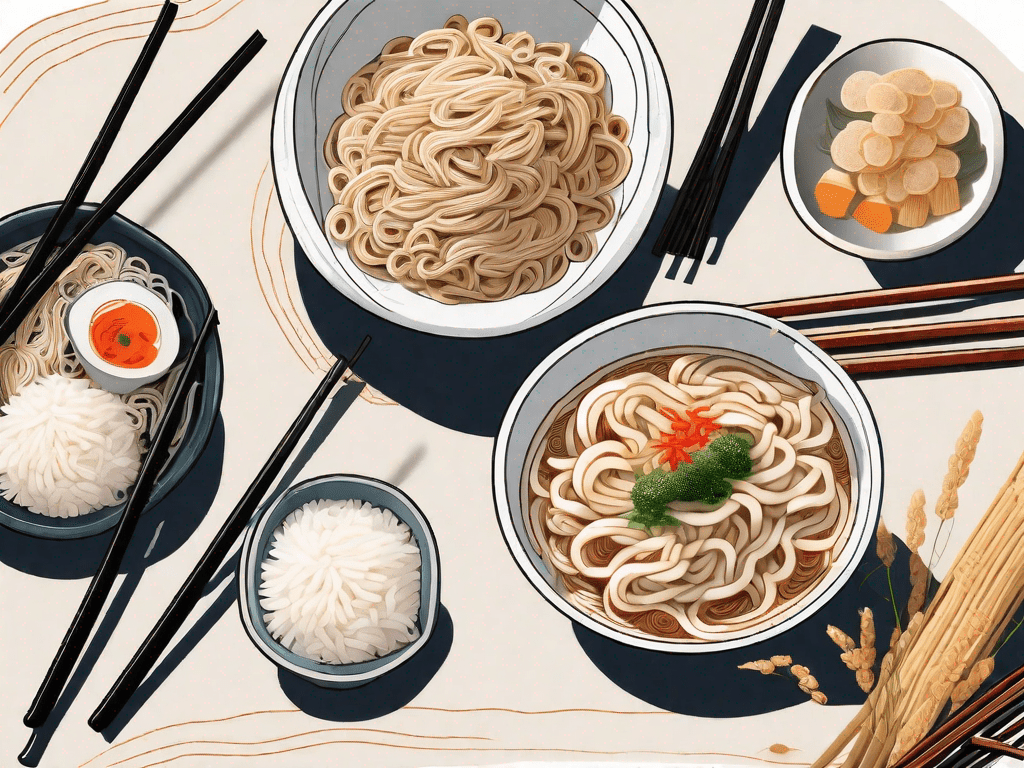 A bowl of udon noodles with chopsticks