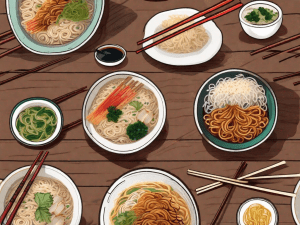 An array of different types of rice and noodles dishes