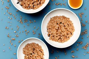 A bowl of farro salad with a drizzle of honey mustard dressing