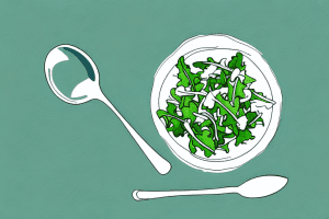 A bowl of arugula with a spoon and a bottle of dressing