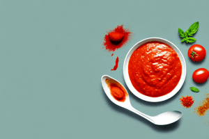 A bowl of tomato dressing with a spoon