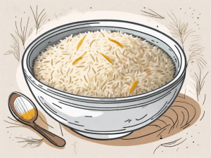 A steaming bowl of rice pilaf surrounded by the four key ingredients: rice