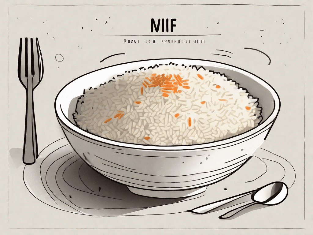 A bowl of pilaf rice with a phonetic pronunciation guide floating above it