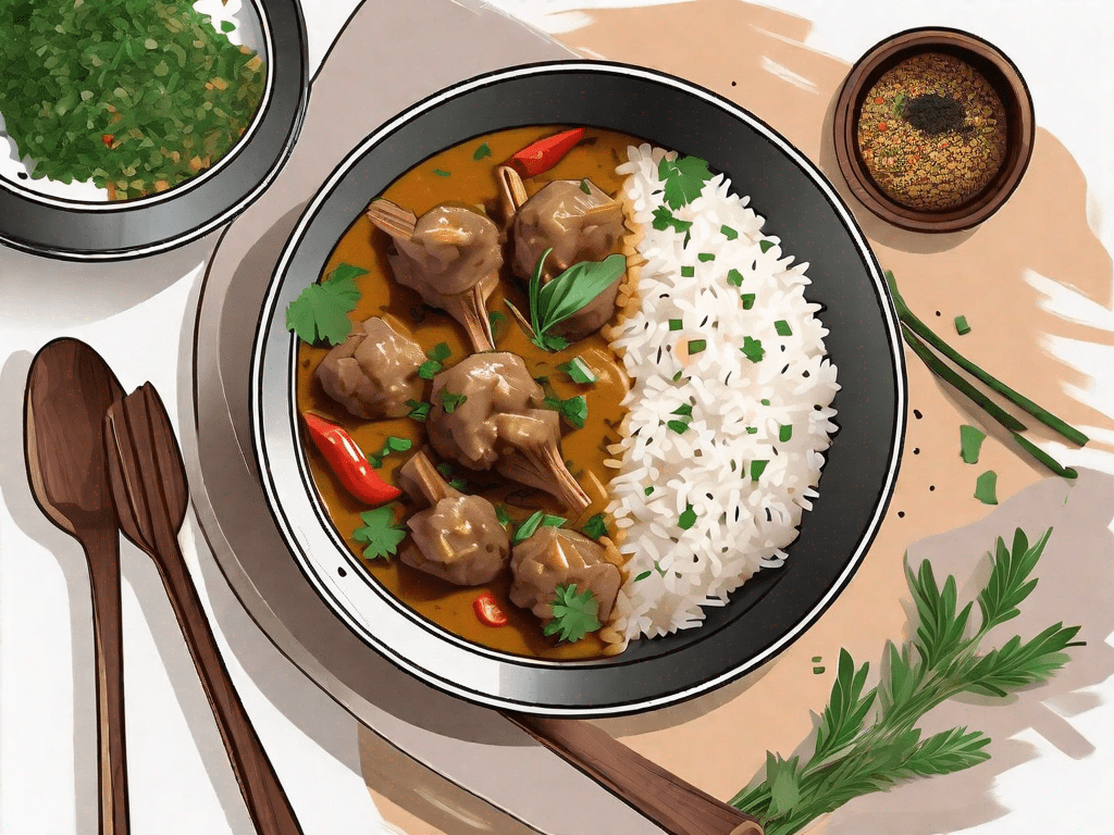 A steaming bowl of lamb curry garnished with fresh herbs