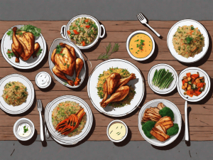 A colorful spread of various dishes such as grilled chicken