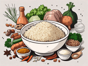 A bowl of rice pilaf surrounded by various ingredients like vegetables
