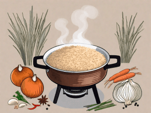 A steaming pot of pilau brown rice on a stove