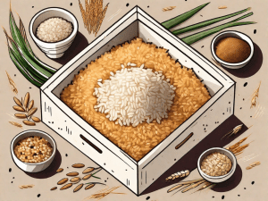 A box of near east rice pilaf surrounded by various gluten-free symbols and grains like rice and quinoa