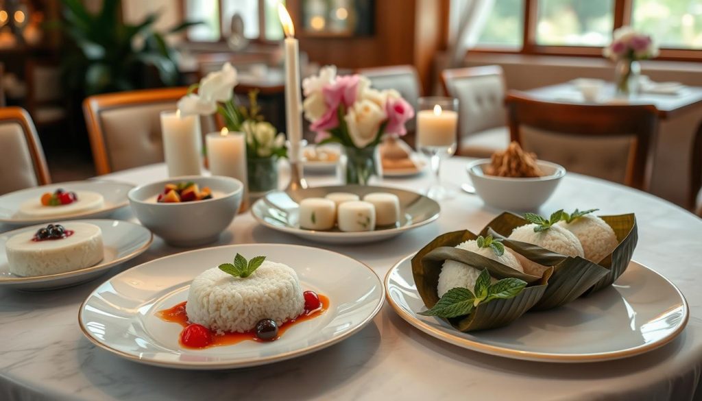 How are rice desserts served in restaurants?