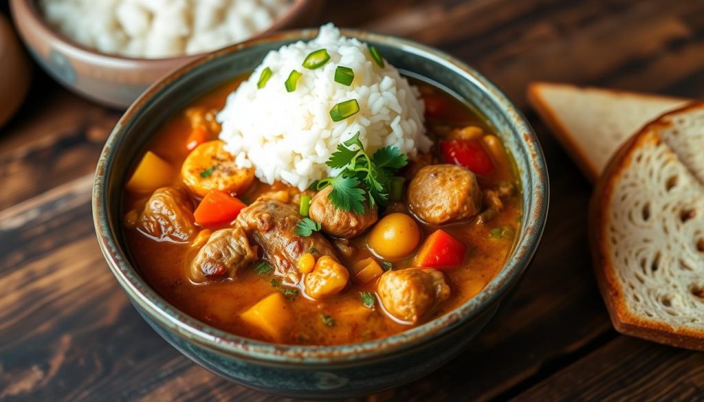 Serving turkey gumbo in a bowl with rice Serving turkey gumbo in a bowl with rice