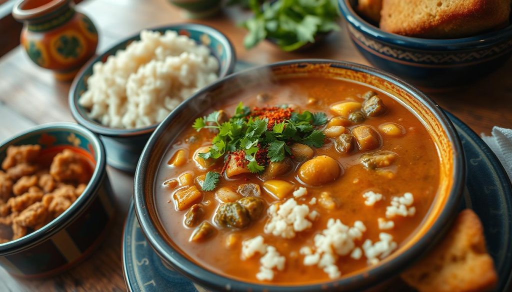 serving gumbo with garnishes and side dishes